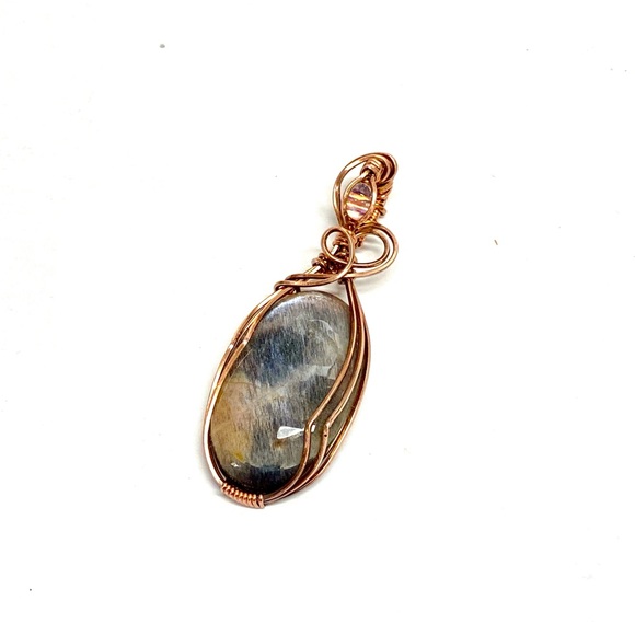 HANDCRAFTED Statement Pendant Gray &Rainbow Moonstones Oxidized Copper Hand Wrap - Picture 8 of 10
